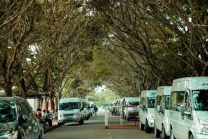 Véhicules utilitaires alignés illustrant les différents formats de véhicules TPMR